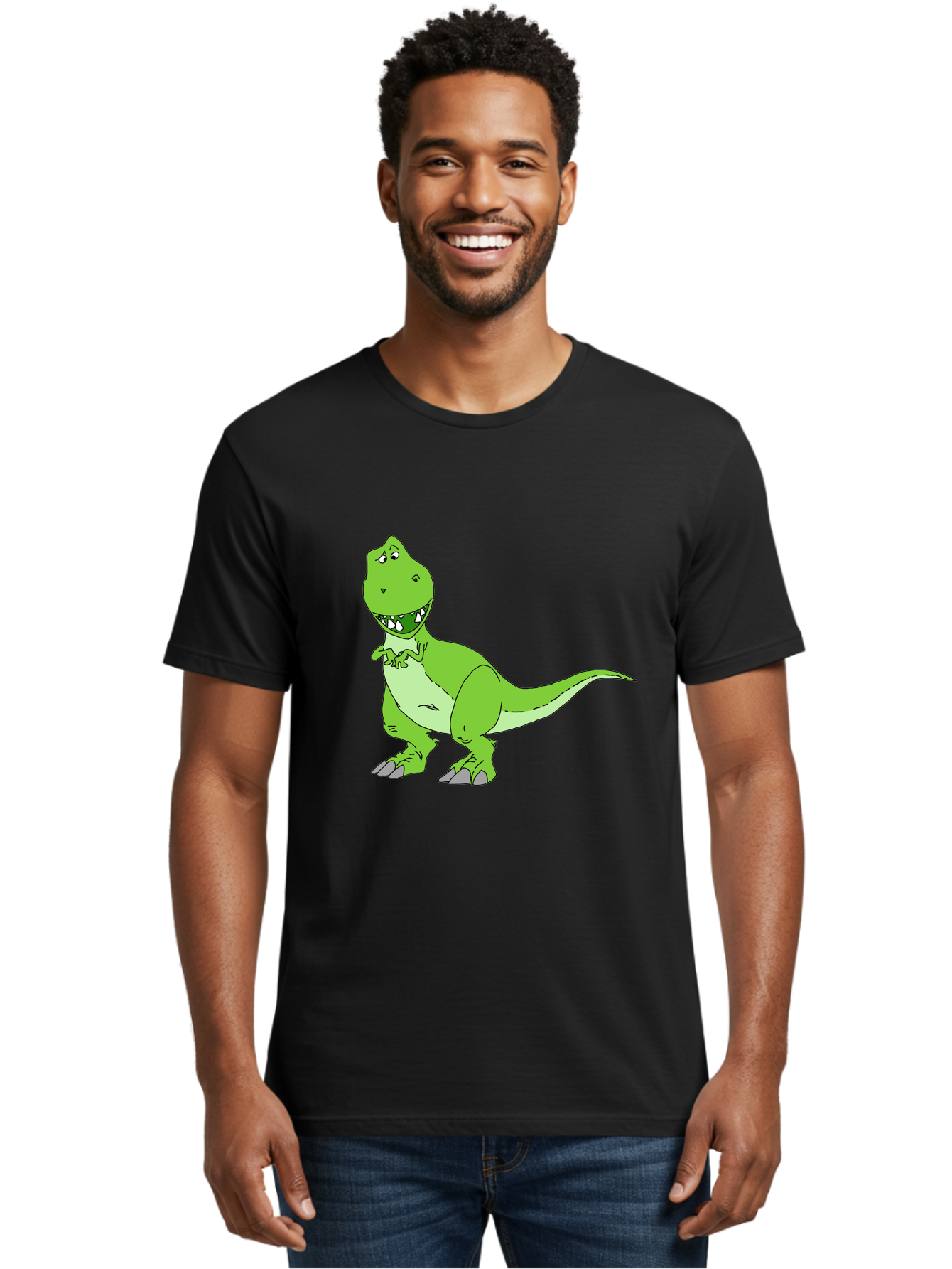 T-Rex Men'S Graphic Tee, 100% Cotton, Comfortable Casual Summer Wear, Machine Washable, Cartoon T-Rex, Green Dinosaur, Prehistoric Creature, Toothy Grin, Playful Expression, Dinosaur Illustration, Children'S Character, Fun And Friendly, -  Aaa128
