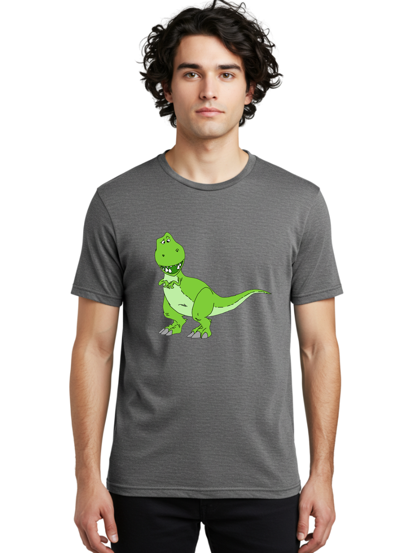 T-Rex Men'S Graphic Tee, 100% Cotton, Comfortable Casual Summer Wear, Machine Washable, Cartoon T-Rex, Green Dinosaur, Prehistoric Creature, Toothy Grin, Playful Expression, Dinosaur Illustration, Children'S Character, Fun And Friendly, -  Aaa128