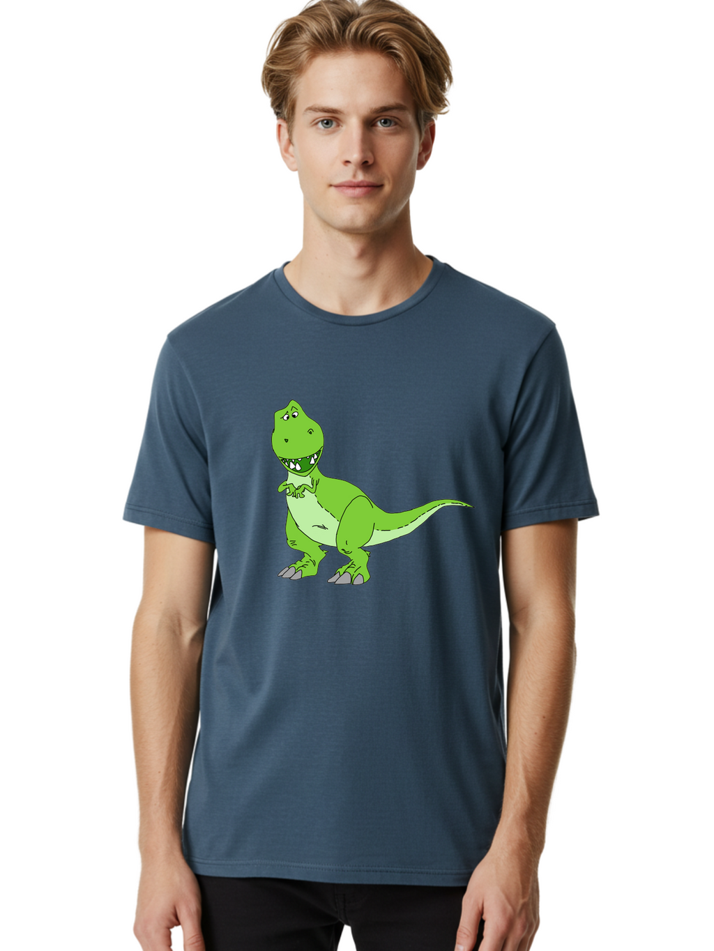 T-Rex Men'S Graphic Tee, 100% Cotton, Comfortable Casual Summer Wear, Machine Washable, Cartoon T-Rex, Green Dinosaur, Prehistoric Creature, Toothy Grin, Playful Expression, Dinosaur Illustration, Children'S Character, Fun And Friendly, -  Aaa128