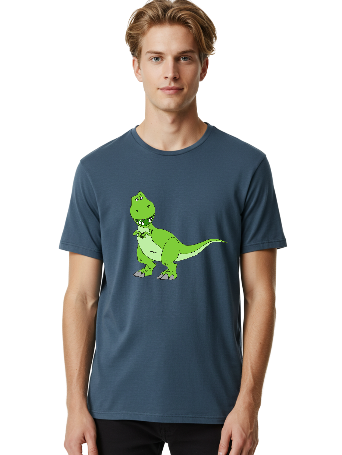 T-Rex Men'S Graphic Tee, 100% Cotton, Comfortable Casual Summer Wear, Machine Washable, Cartoon T-Rex, Green Dinosaur, Prehistoric Creature, Toothy Grin, Playful Expression, Dinosaur Illustration, Children'S Character, Fun And Friendly, -  Aaa128