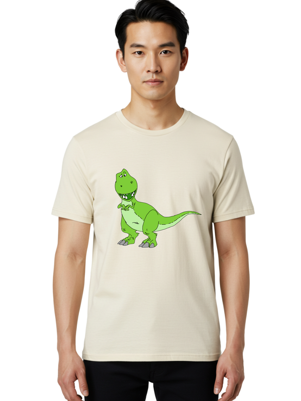 T-Rex Men'S Graphic Tee, 100% Cotton, Comfortable Casual Summer Wear, Machine Washable, Cartoon T-Rex, Green Dinosaur, Prehistoric Creature, Toothy Grin, Playful Expression, Dinosaur Illustration, Children'S Character, Fun And Friendly, -  Aaa128