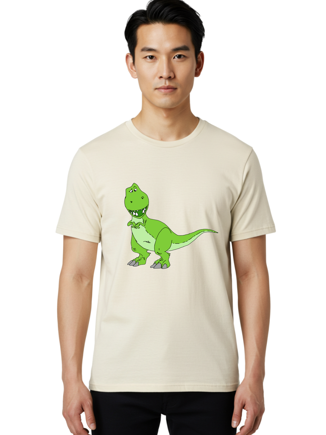 T-Rex Men'S Graphic Tee, 100% Cotton, Comfortable Casual Summer Wear, Machine Washable, Cartoon T-Rex, Green Dinosaur, Prehistoric Creature, Toothy Grin, Playful Expression, Dinosaur Illustration, Children'S Character, Fun And Friendly, -  Aaa128
