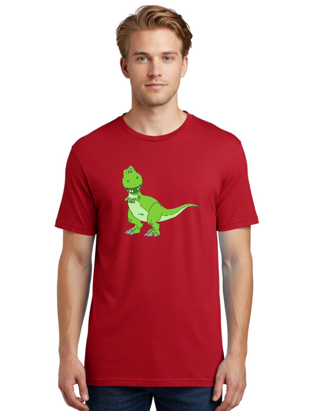 T-Rex Men'S Graphic Tee, 100% Cotton, Comfortable Casual Summer Wear, Machine Washable, Cartoon T-Rex, Green Dinosaur, Prehistoric Creature, Toothy Grin, Playful Expression, Dinosaur Illustration, Children'S Character, Fun And Friendly, -  Aaa128