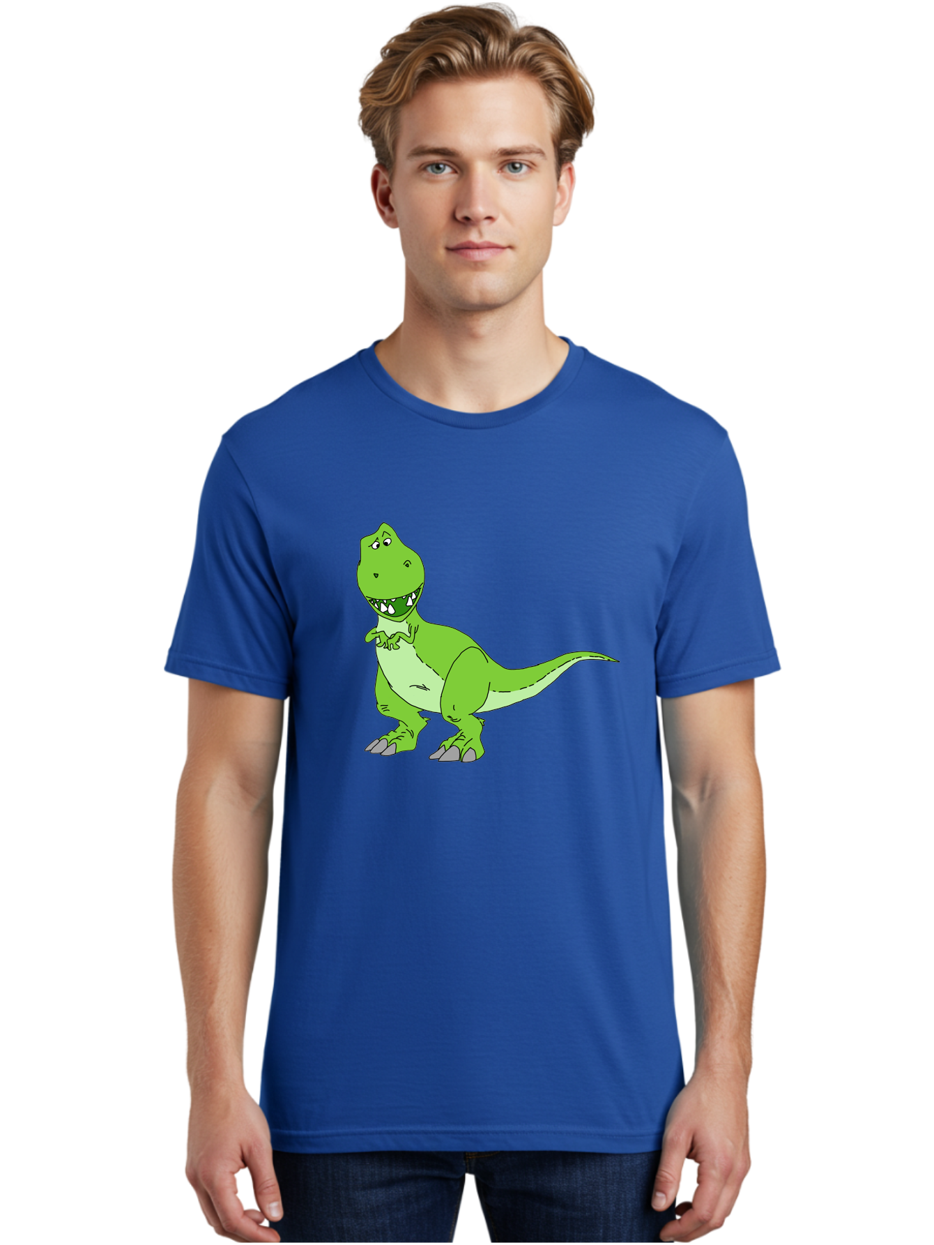 T-Rex Men'S Graphic Tee, 100% Cotton, Comfortable Casual Summer Wear, Machine Washable, Cartoon T-Rex, Green Dinosaur, Prehistoric Creature, Toothy Grin, Playful Expression, Dinosaur Illustration, Children'S Character, Fun And Friendly, -  Aaa128