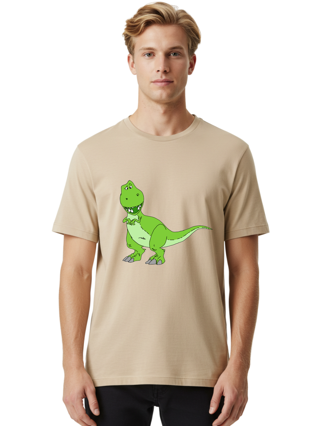 T-Rex Men'S Graphic Tee, 100% Cotton, Comfortable Casual Summer Wear, Machine Washable, Cartoon T-Rex, Green Dinosaur, Prehistoric Creature, Toothy Grin, Playful Expression, Dinosaur Illustration, Children'S Character, Fun And Friendly, -  Aaa128