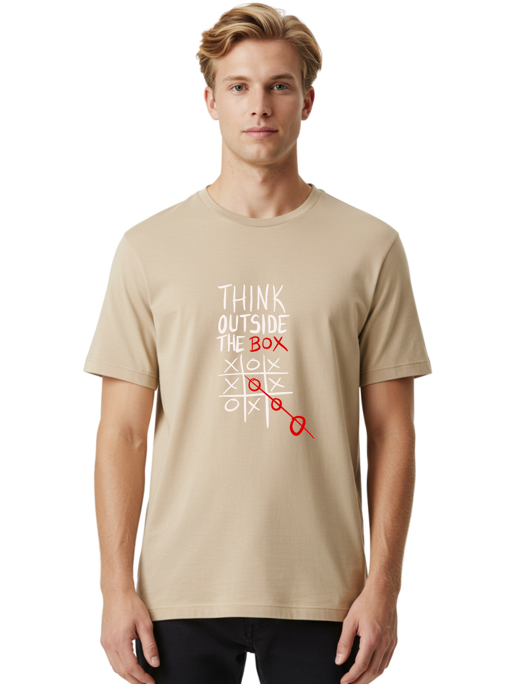 Think-Outside-The-Box Men'S Graphic Tee, 100% Cotton, Comfortable Casual Summer Wear, Machine Washable, Think Outside The Box, Creative Thinking, Tic Tac Toe Game, Innovative Ideas, Problem-Solving, Strategic Thinking, Outside The Box, -  Aaa129