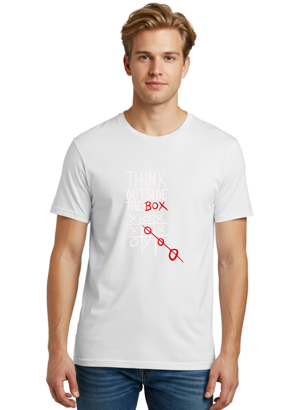 Think-Outside-The-Box Men'S Graphic Tee, 100% Cotton, Comfortable Casual Summer Wear, Machine Washable, Think Outside The Box, Creative Thinking, Tic Tac Toe Game, Innovative Ideas, Problem-Solving, Strategic Thinking, Outside The Box, -  Aaa129
