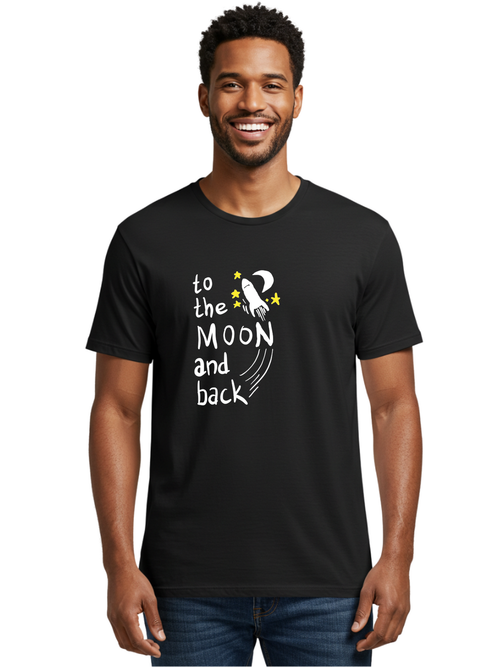 To-The-Moon-And-Back Men'S Graphic Tee, 100% Cotton, Comfortable Casual Summer Wear, Machine Washable, Space Travel, Rocket Ship, Moon Adventure, Love Phrase, Starry Night, Celestial Journey, Quirky Typography, Whimsical Illustration -  Aaa134
