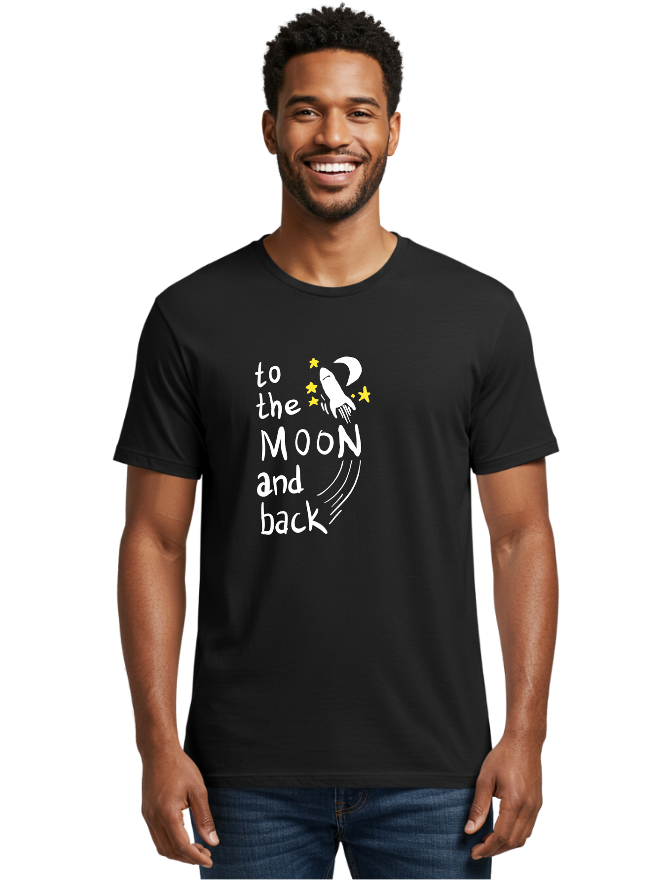 To-The-Moon-And-Back Men'S Graphic Tee, 100% Cotton, Comfortable Casual Summer Wear, Machine Washable, Space Travel, Rocket Ship, Moon Adventure, Love Phrase, Starry Night, Celestial Journey, Quirky Typography, Whimsical Illustration -  Aaa134