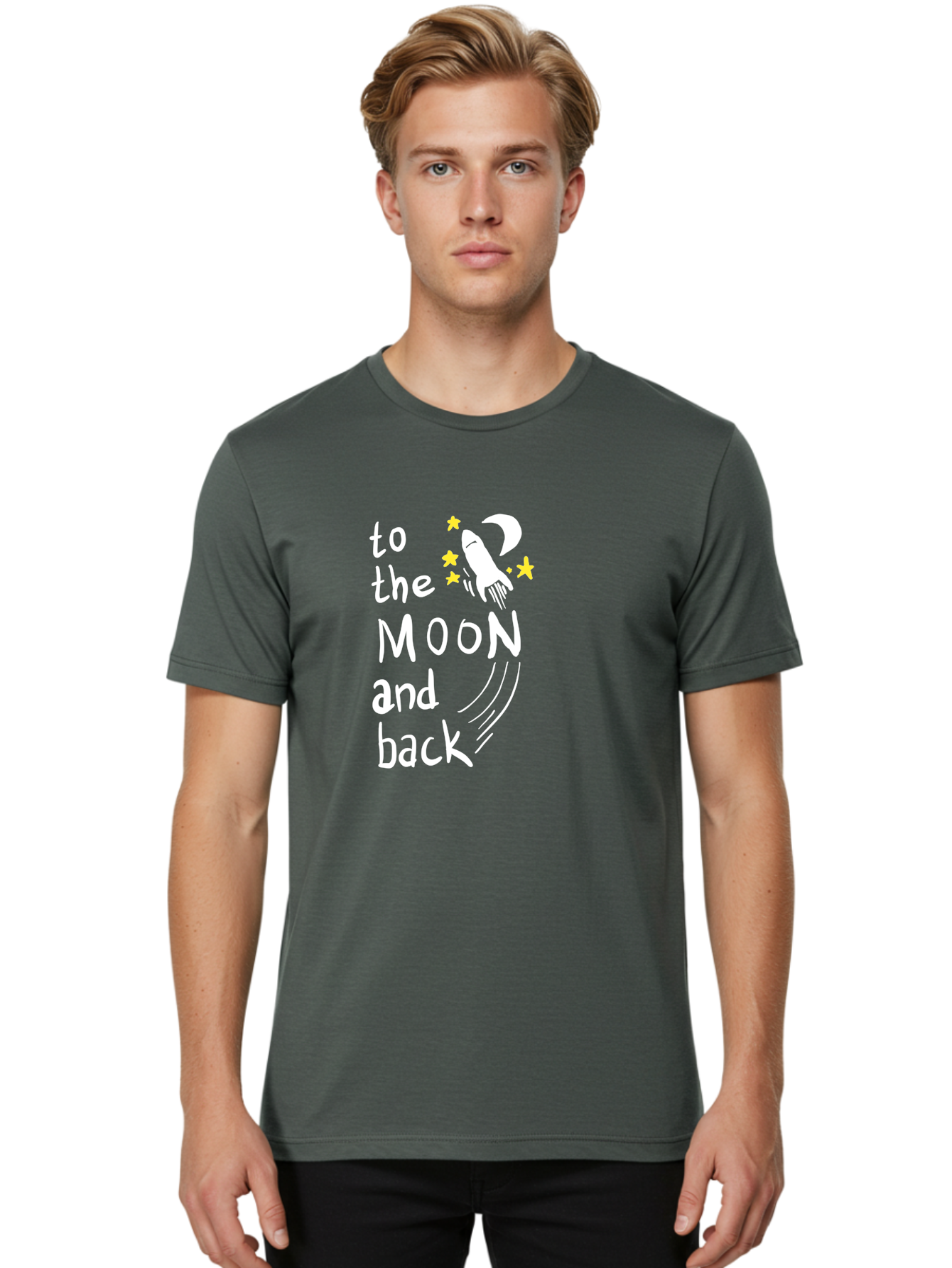 To-The-Moon-And-Back Men'S Graphic Tee, 100% Cotton, Comfortable Casual Summer Wear, Machine Washable, Space Travel, Rocket Ship, Moon Adventure, Love Phrase, Starry Night, Celestial Journey, Quirky Typography, Whimsical Illustration -  Aaa134