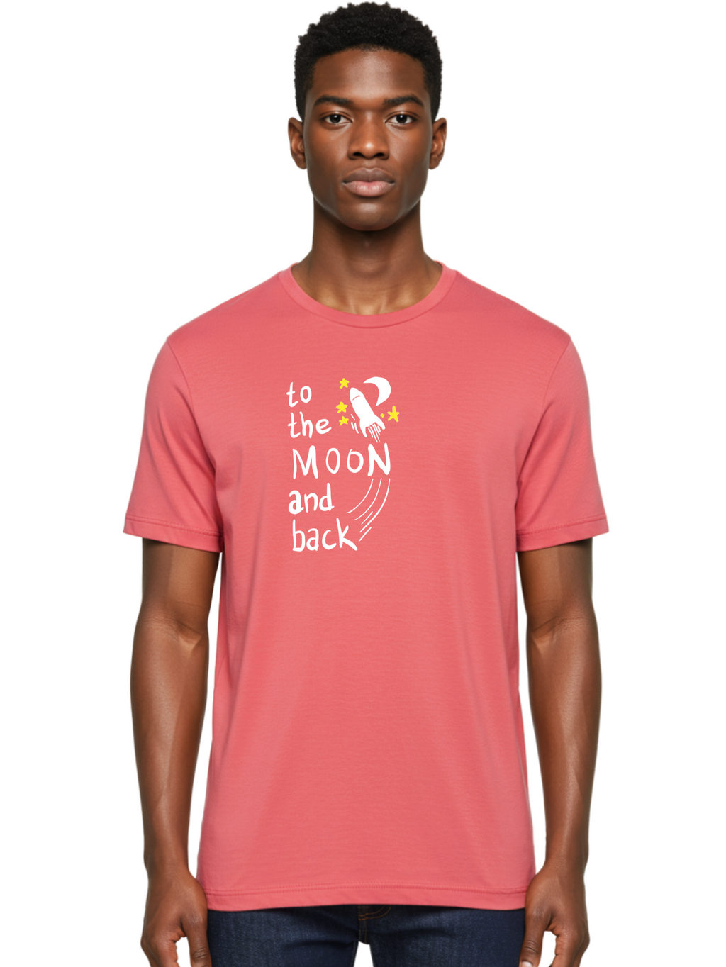 To-The-Moon-And-Back Men'S Graphic Tee, 100% Cotton, Comfortable Casual Summer Wear, Machine Washable, Space Travel, Rocket Ship, Moon Adventure, Love Phrase, Starry Night, Celestial Journey, Quirky Typography, Whimsical Illustration -  Aaa134