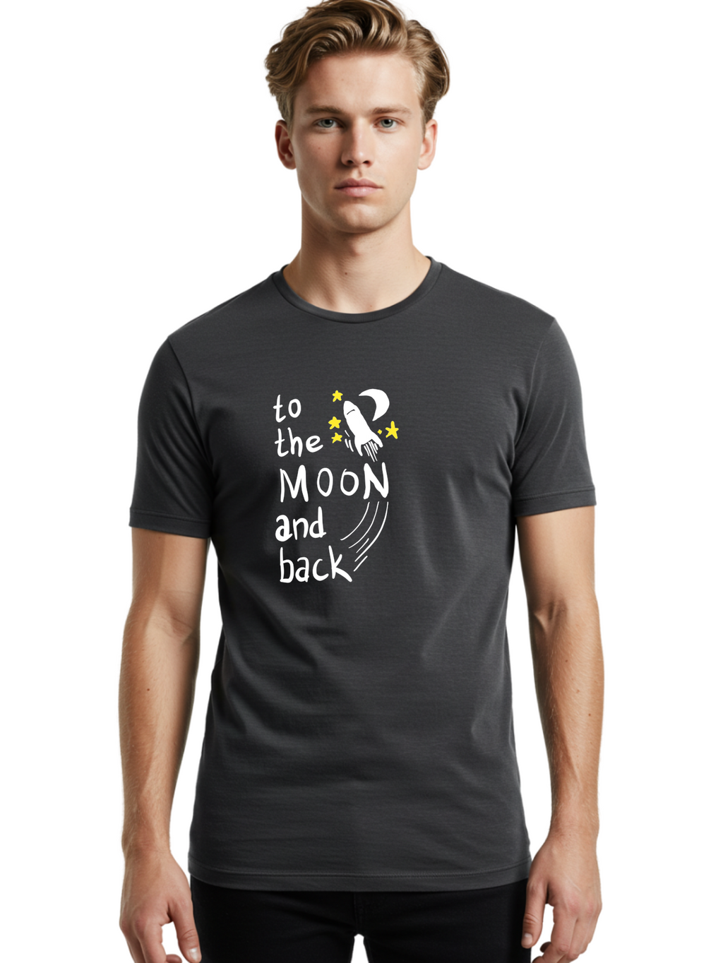 To-The-Moon-And-Back Men'S Graphic Tee, 100% Cotton, Comfortable Casual Summer Wear, Machine Washable, Space Travel, Rocket Ship, Moon Adventure, Love Phrase, Starry Night, Celestial Journey, Quirky Typography, Whimsical Illustration -  Aaa134
