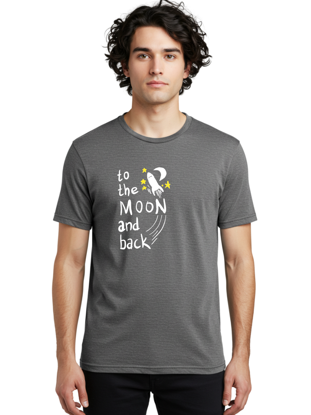 To-The-Moon-And-Back Men'S Graphic Tee, 100% Cotton, Comfortable Casual Summer Wear, Machine Washable, Space Travel, Rocket Ship, Moon Adventure, Love Phrase, Starry Night, Celestial Journey, Quirky Typography, Whimsical Illustration -  Aaa134