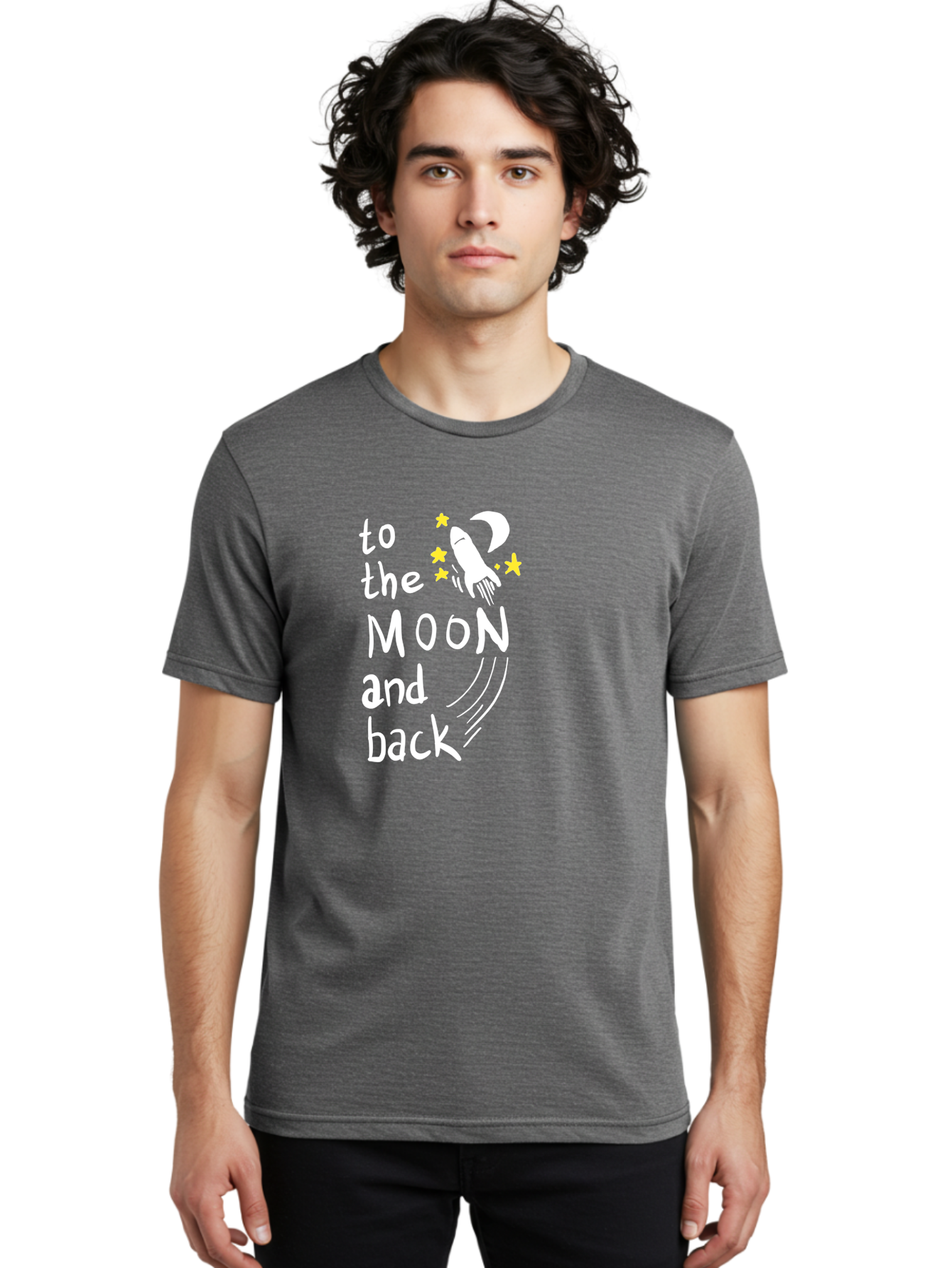 To-The-Moon-And-Back Men'S Graphic Tee, 100% Cotton, Comfortable Casual Summer Wear, Machine Washable, Space Travel, Rocket Ship, Moon Adventure, Love Phrase, Starry Night, Celestial Journey, Quirky Typography, Whimsical Illustration -  Aaa134