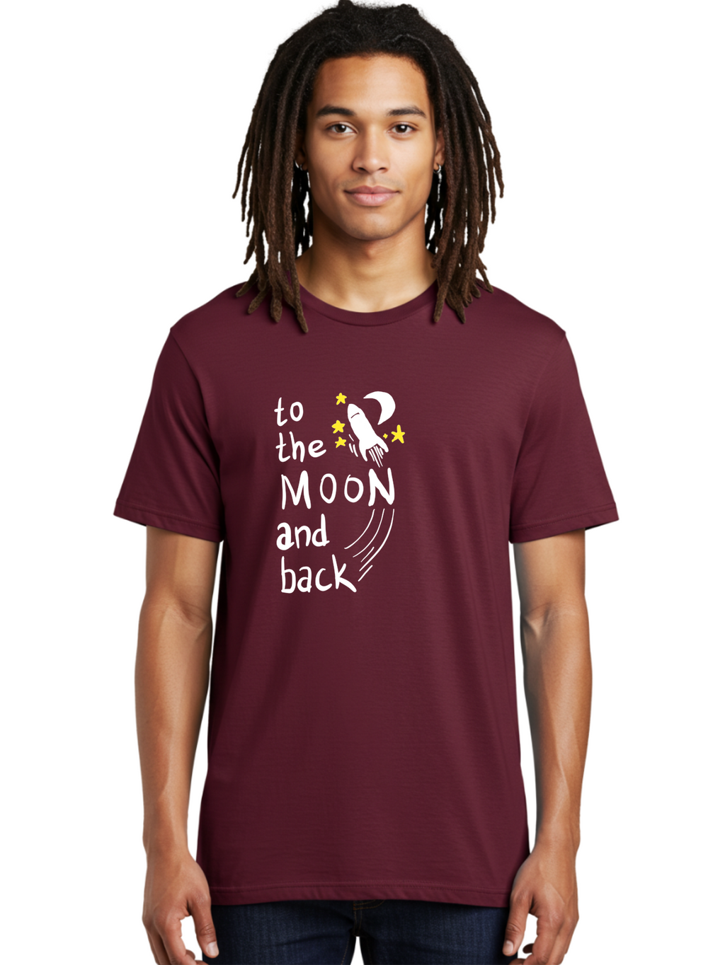 To-The-Moon-And-Back Men'S Graphic Tee, 100% Cotton, Comfortable Casual Summer Wear, Machine Washable, Space Travel, Rocket Ship, Moon Adventure, Love Phrase, Starry Night, Celestial Journey, Quirky Typography, Whimsical Illustration -  Aaa134