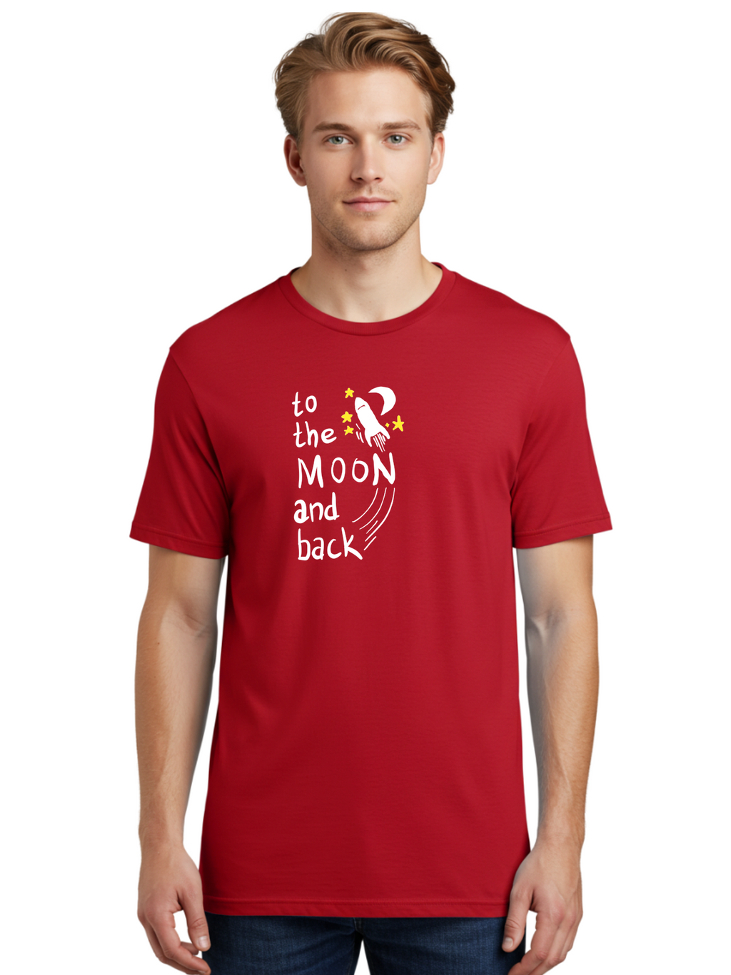 To-The-Moon-And-Back Men'S Graphic Tee, 100% Cotton, Comfortable Casual Summer Wear, Machine Washable, Space Travel, Rocket Ship, Moon Adventure, Love Phrase, Starry Night, Celestial Journey, Quirky Typography, Whimsical Illustration -  Aaa134