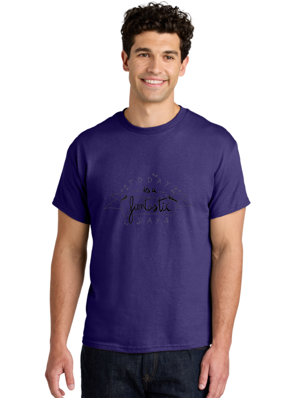 Today-Is-A-Fantastic-Day Men'S Graphic Tee, 100% Cotton, Comfortable Casual Summer Wear, Machine Washable, Motivational Quote, Inspirational Message, Positive Vibes, Daily Affirmation, Handwritten Font, Decorative Banner, Heart Shapes -  Aaa135