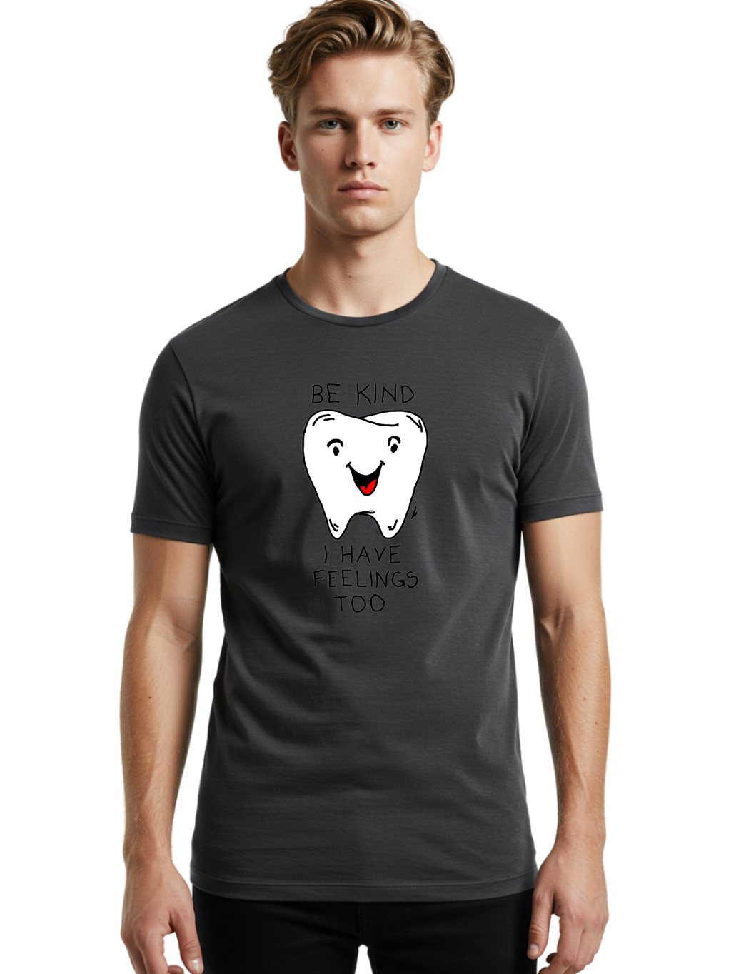 Tooth-With-Feeling Men'S Graphic Tee, 100% Cotton, Comfortable Casual Summer Wear, Machine Washable, Funny Tooth Character, Dental Care, Kindness Matters, Tooth With Feelings, Humorous Illustration, Cartoon Tooth, Be Kind, -  Aaa136