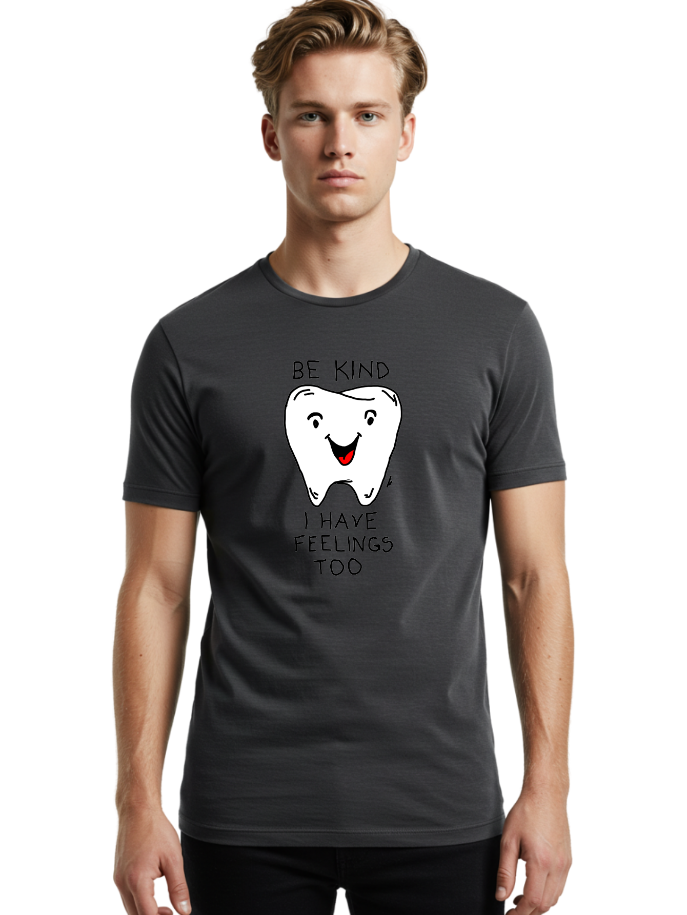 Tooth-With-Feeling Men'S Graphic Tee, 100% Cotton, Comfortable Casual Summer Wear, Machine Washable, Funny Tooth Character, Dental Care, Kindness Matters, Tooth With Feelings, Humorous Illustration, Cartoon Tooth, Be Kind, -  Aaa136