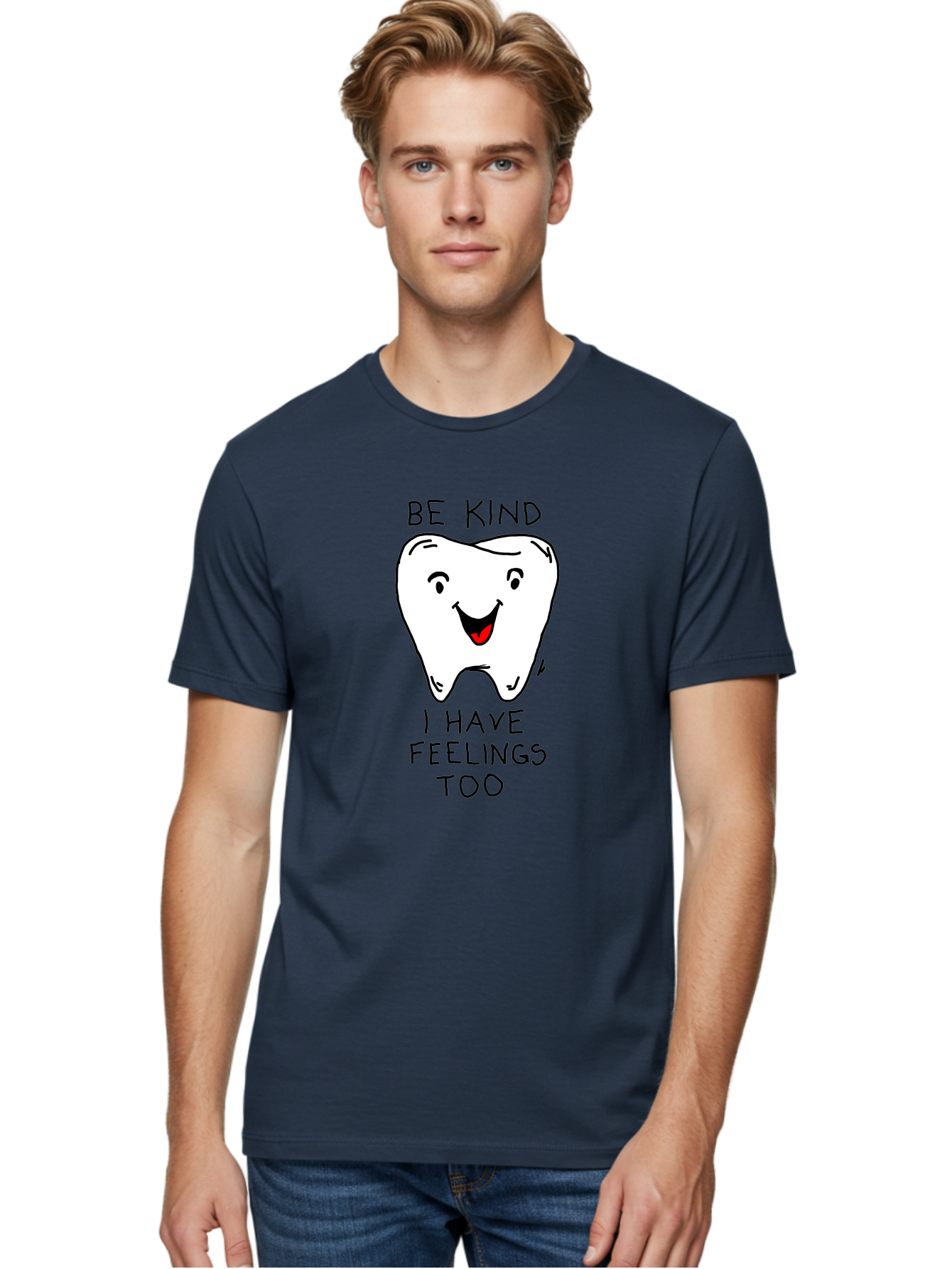 Tooth-With-Feeling Men'S Graphic Tee, 100% Cotton, Comfortable Casual Summer Wear, Machine Washable, Funny Tooth Character, Dental Care, Kindness Matters, Tooth With Feelings, Humorous Illustration, Cartoon Tooth, Be Kind, -  Aaa136