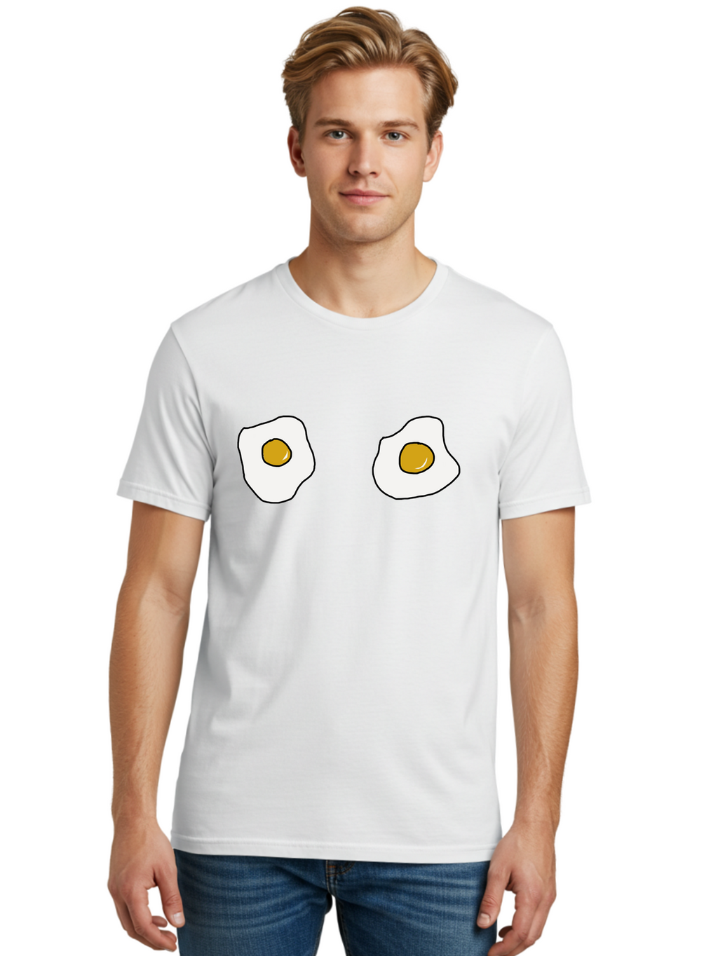 Two-Fried-Eggs Men'S Graphic Tee, 100% Cotton, Comfortable Casual Summer Wear, Machine Washable, Fried Eggs, Egg Yolks, Breakfast Food, Cartoon Eggs, Simple Illustration, Food Graphics, Egg Illustration -  Aaa137