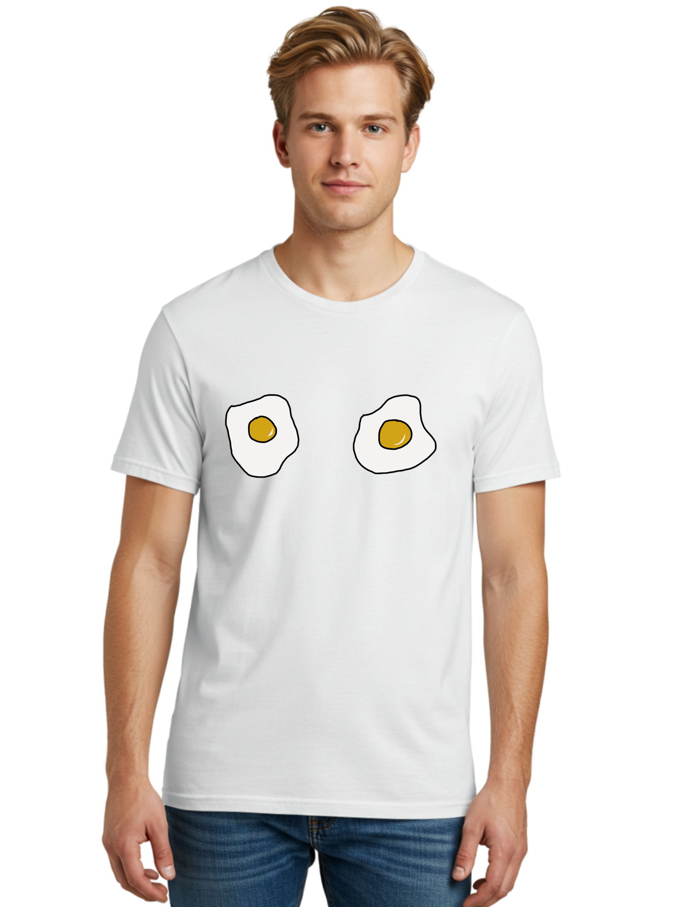 Two-Fried-Eggs Men'S Graphic Tee, 100% Cotton, Comfortable Casual Summer Wear, Machine Washable, Fried Eggs, Egg Yolks, Breakfast Food, Cartoon Eggs, Simple Illustration, Food Graphics, Egg Illustration -  Aaa137