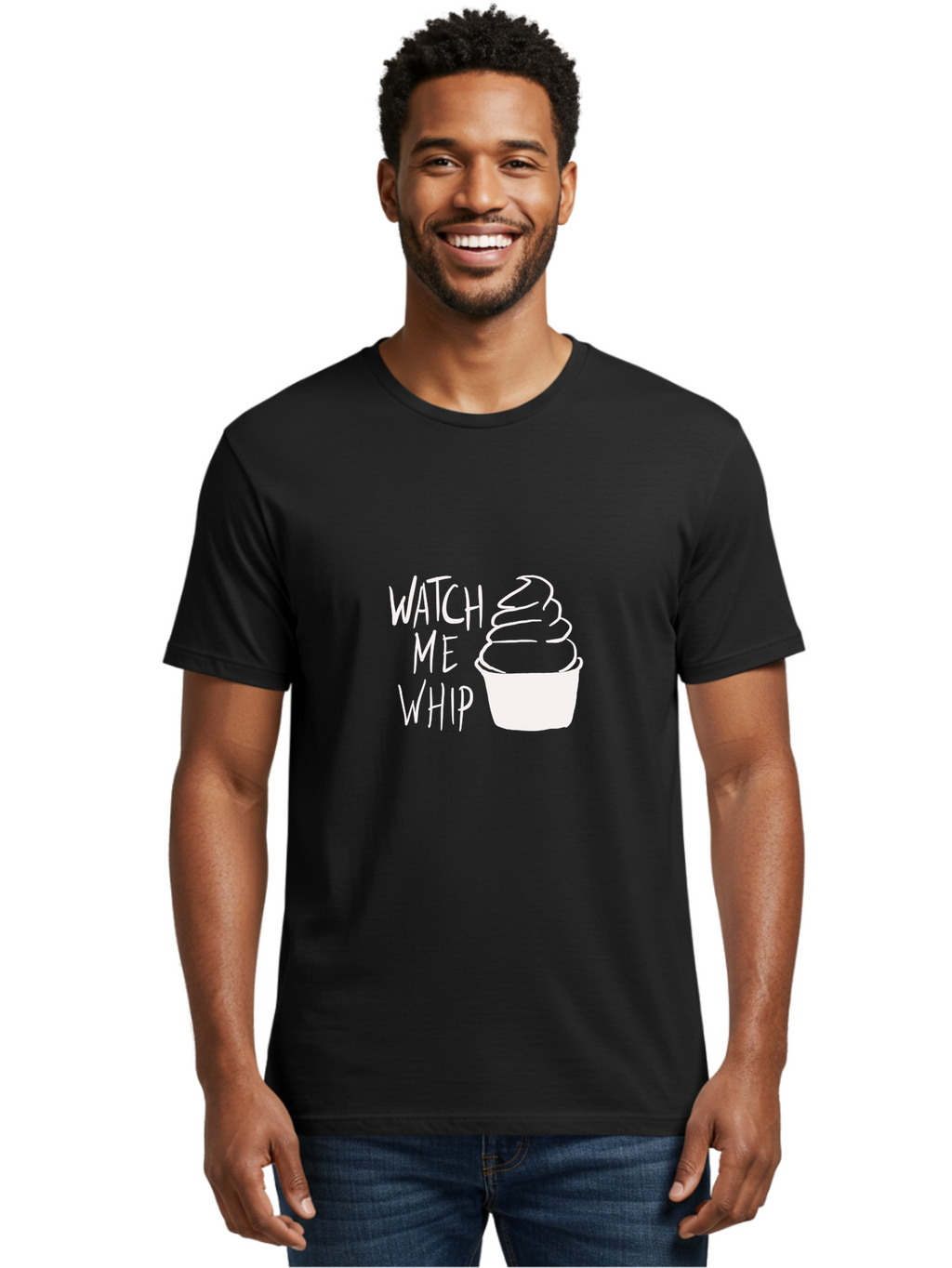 Watch-Me-Whip Men'S Graphic Tee, 100% Cotton, Comfortable Casual Summer Wear, Machine Washable, Whipped Cream, Soft Serve, Cup, Sweet Treat, Frozen Yogurt, Dessert, Fun Phrase, Playful Design, White Illustration, Watch Me Whip -  Aaa138