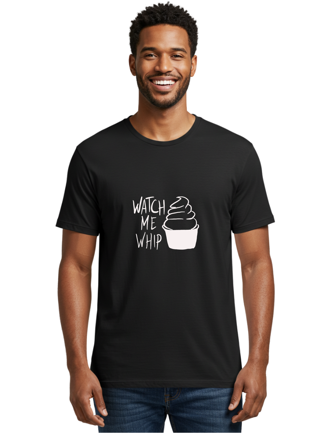 Watch-Me-Whip Men'S Graphic Tee, 100% Cotton, Comfortable Casual Summer Wear, Machine Washable, Whipped Cream, Soft Serve, Cup, Sweet Treat, Frozen Yogurt, Dessert, Fun Phrase, Playful Design, White Illustration, Watch Me Whip -  Aaa138