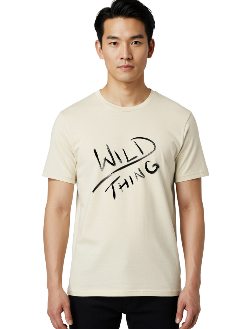 Wild-Thing Men'S Graphic Tee, 100% Cotton, Comfortable Casual Summer Wear, Machine Washable, Wild Thing, Bold Typography, Black Text, Diagonal Text, Handwritten Font, Modern Design, Edgy Style, Graphic Text -  Aaa139