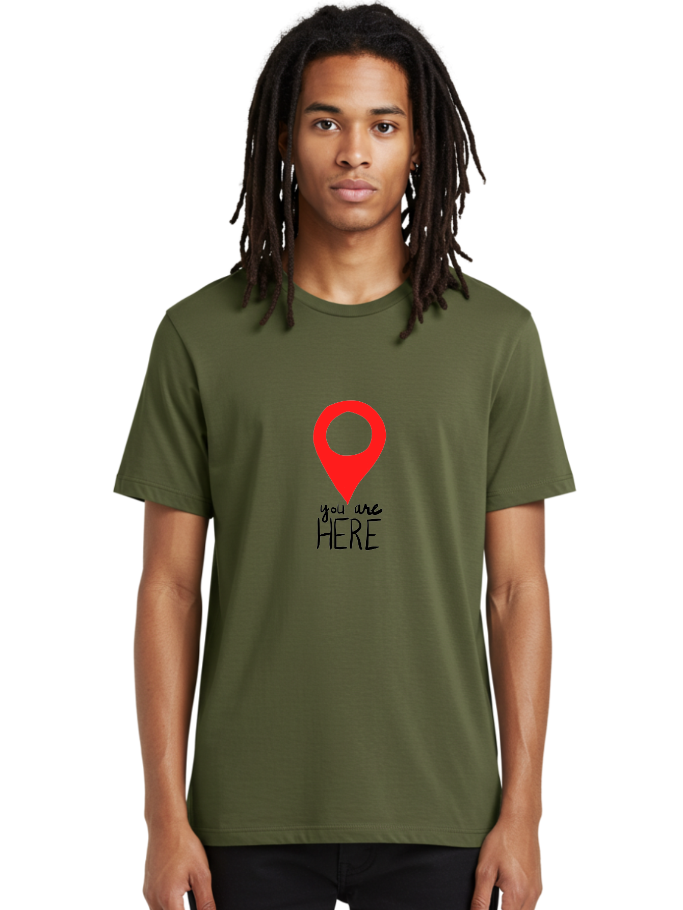 You-Are-Here Men'S Graphic Tee, 100% Cotton, Comfortable Casual Summer Wear, Machine Washable, Map Pin, Location Marker, Navigation Symbol, Gps Indicator, Direction Pointer, Red Icon, Black Text, You Are Here Sign -  Aaa147