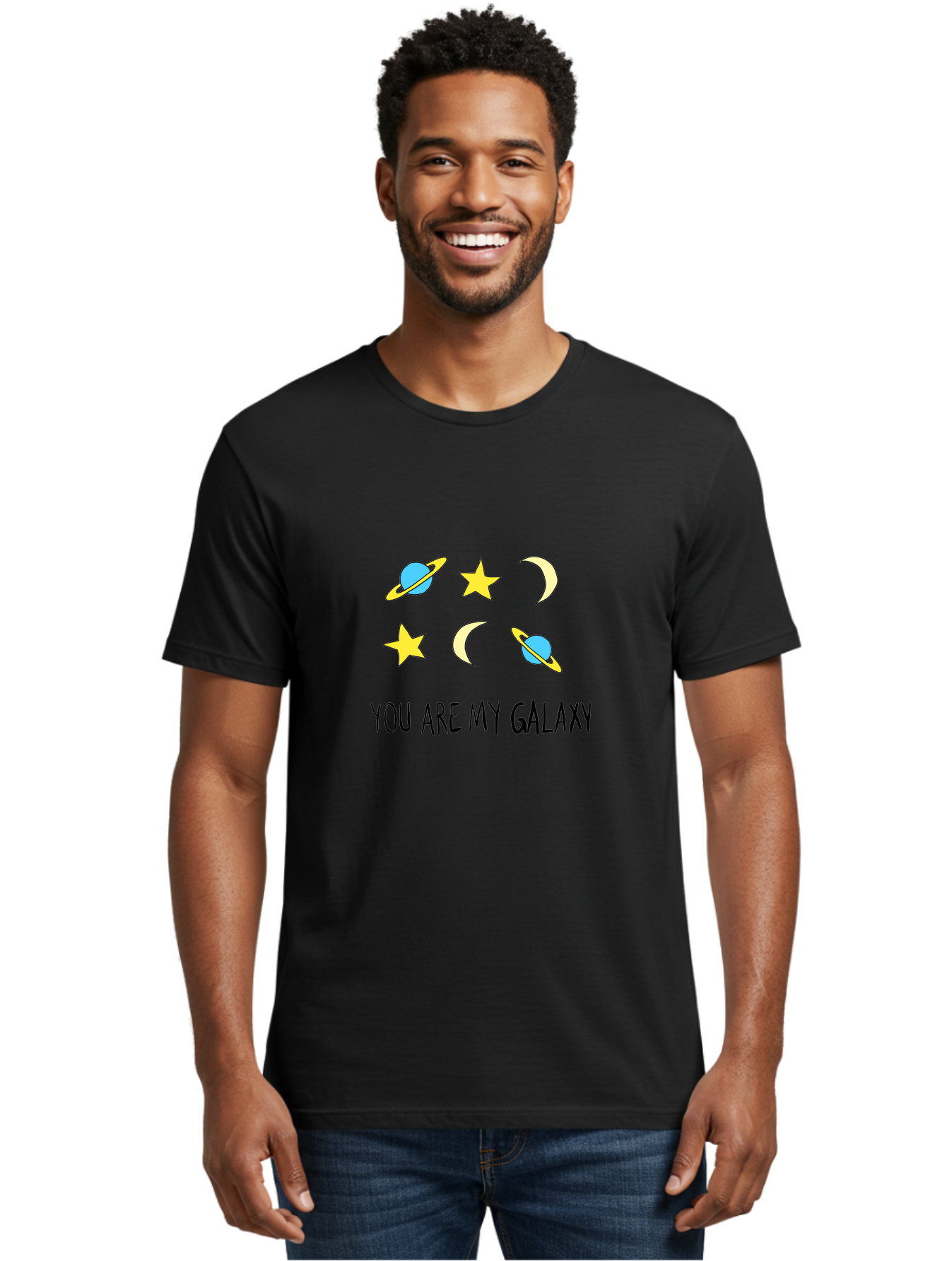 You-Are-My-Galaxy Men'S Graphic Tee, 100% Cotton, Comfortable Casual Summer Wear, Machine Washable, Galaxy Illustration, Celestial Bodies, Stars, Planets, Moons, Romantic Quote, Love Message, Cartoon Graphics, Whimsical Design, Space Theme, -  Aaa148