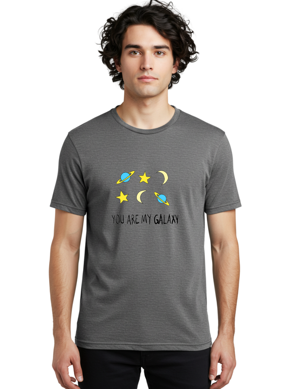 You-Are-My-Galaxy Men'S Graphic Tee, 100% Cotton, Comfortable Casual Summer Wear, Machine Washable, Galaxy Illustration, Celestial Bodies, Stars, Planets, Moons, Romantic Quote, Love Message, Cartoon Graphics, Whimsical Design, Space Theme, -  Aaa148