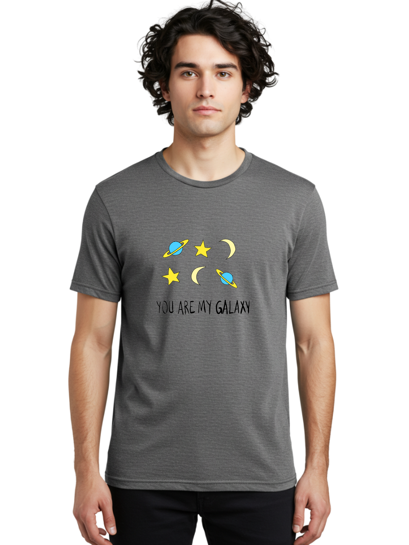 You-Are-My-Galaxy Men'S Graphic Tee, 100% Cotton, Comfortable Casual Summer Wear, Machine Washable, Galaxy Illustration, Celestial Bodies, Stars, Planets, Moons, Romantic Quote, Love Message, Cartoon Graphics, Whimsical Design, Space Theme, -  Aaa148