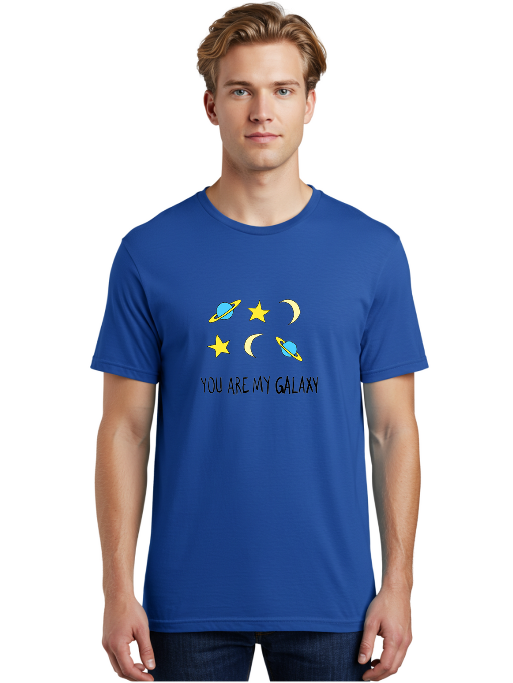You-Are-My-Galaxy Men'S Graphic Tee, 100% Cotton, Comfortable Casual Summer Wear, Machine Washable, Galaxy Illustration, Celestial Bodies, Stars, Planets, Moons, Romantic Quote, Love Message, Cartoon Graphics, Whimsical Design, Space Theme, -  Aaa148