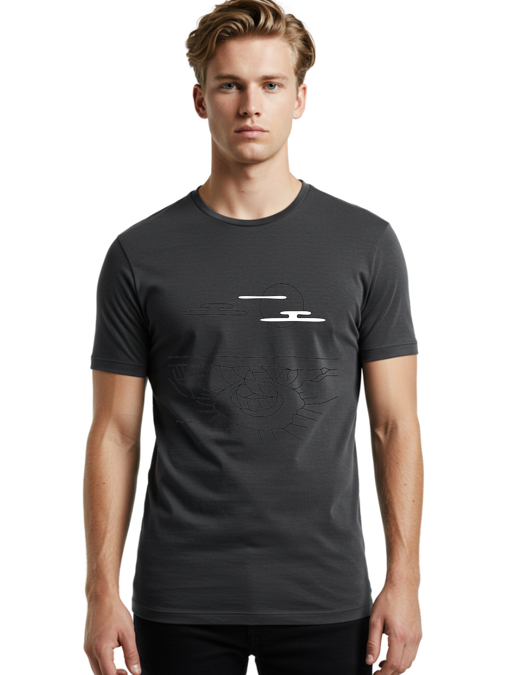 Abstract-Hand Men'S Graphic Tee, 100% Cotton, Comfortable Casual Summer Wear, Machine Washable, Sun, Clouds, Spiral Shape, Abstract Art, Futuristic Design, Simple Shapes, Minimalist Style, Surreal Landscape -  Aaa154