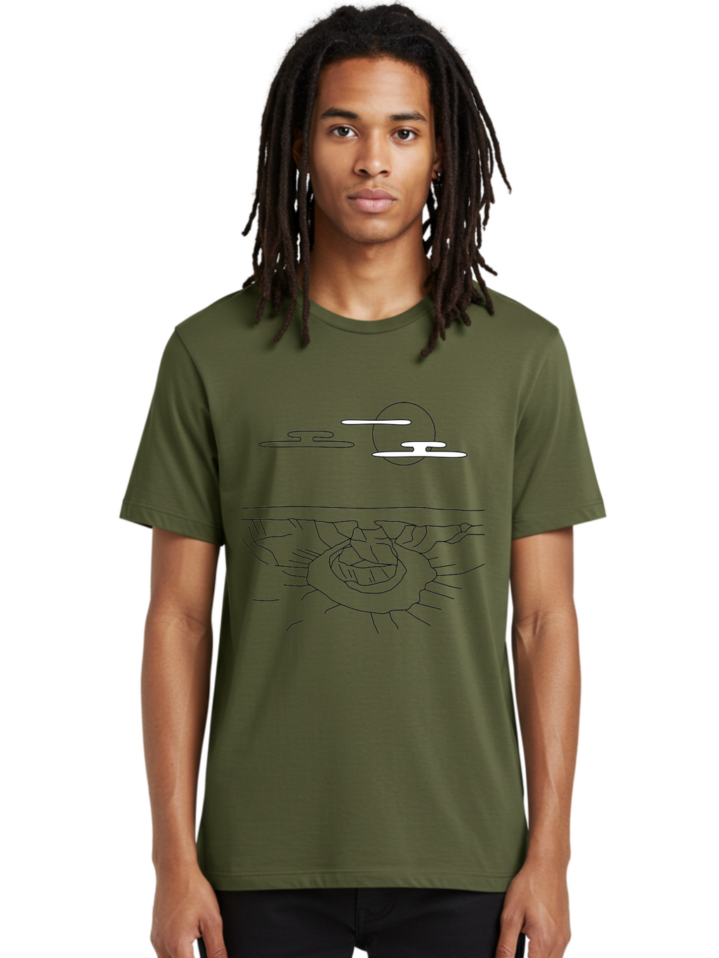 Abstract-Hand Men'S Graphic Tee, 100% Cotton, Comfortable Casual Summer Wear, Machine Washable, Sun, Clouds, Spiral Shape, Abstract Art, Futuristic Design, Simple Shapes, Minimalist Style, Surreal Landscape -  Aaa154