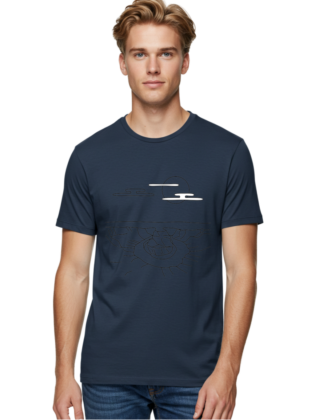 Abstract-Hand Men'S Graphic Tee, 100% Cotton, Comfortable Casual Summer Wear, Machine Washable, Sun, Clouds, Spiral Shape, Abstract Art, Futuristic Design, Simple Shapes, Minimalist Style, Surreal Landscape -  Aaa154