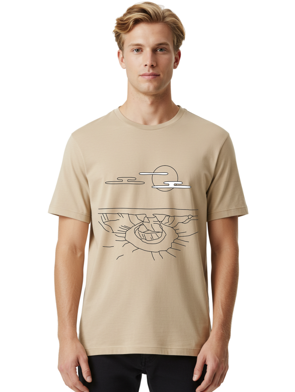 Abstract-Hand Men'S Graphic Tee, 100% Cotton, Comfortable Casual Summer Wear, Machine Washable, Sun, Clouds, Spiral Shape, Abstract Art, Futuristic Design, Simple Shapes, Minimalist Style, Surreal Landscape -  Aaa154