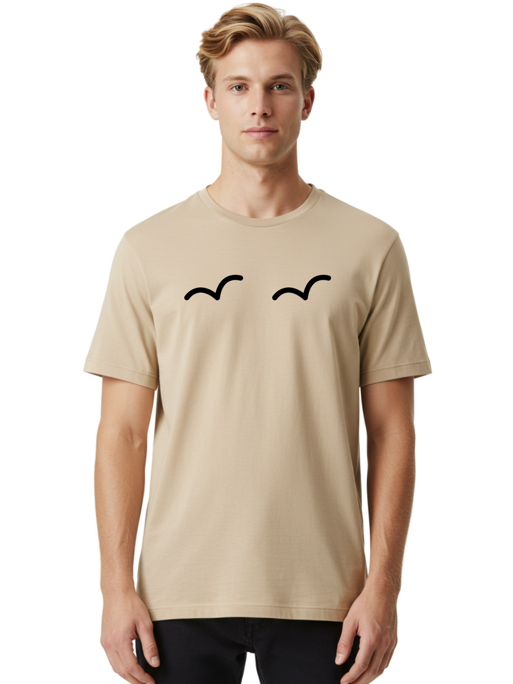 Bird-Silhouettes Men'S Graphic Tee, 100% Cotton, Comfortable Casual Summer Wear, Machine Washable, Simple Design Elements, Abstract Art, Minimalist Graphics, Black And Green Color Scheme, Wavy Lines, Modern Digital Art, -  Aaa158