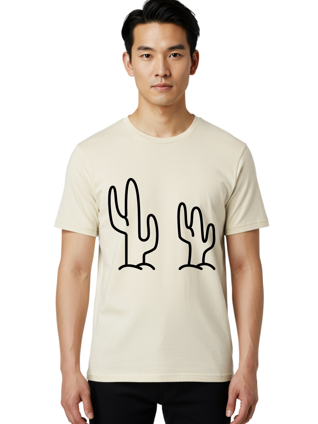 Cacti Men'S Graphic Tee, 100% Cotton, Comfortable Casual Summer Wear, Machine Washable, Cacti, Cactus Graphics, Simple Illustrations, Minimalist Design, Hand Drawn Art, Desert Plants, Outline Drawings, Black Lines -  Aaa160