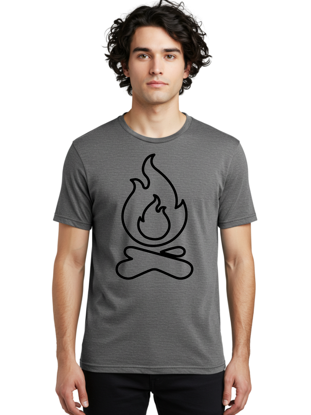 Campfire-2 Men'S Graphic Tee, 100% Cotton, Comfortable Casual Summer Wear, Machine Washable, Simple Line Art, Camp Fire Icon, Minimalist Design, Black Outline, Flame Symbol, Outdoor Adventure, Camping Theme, Warm Ambiance, -  Aaa162