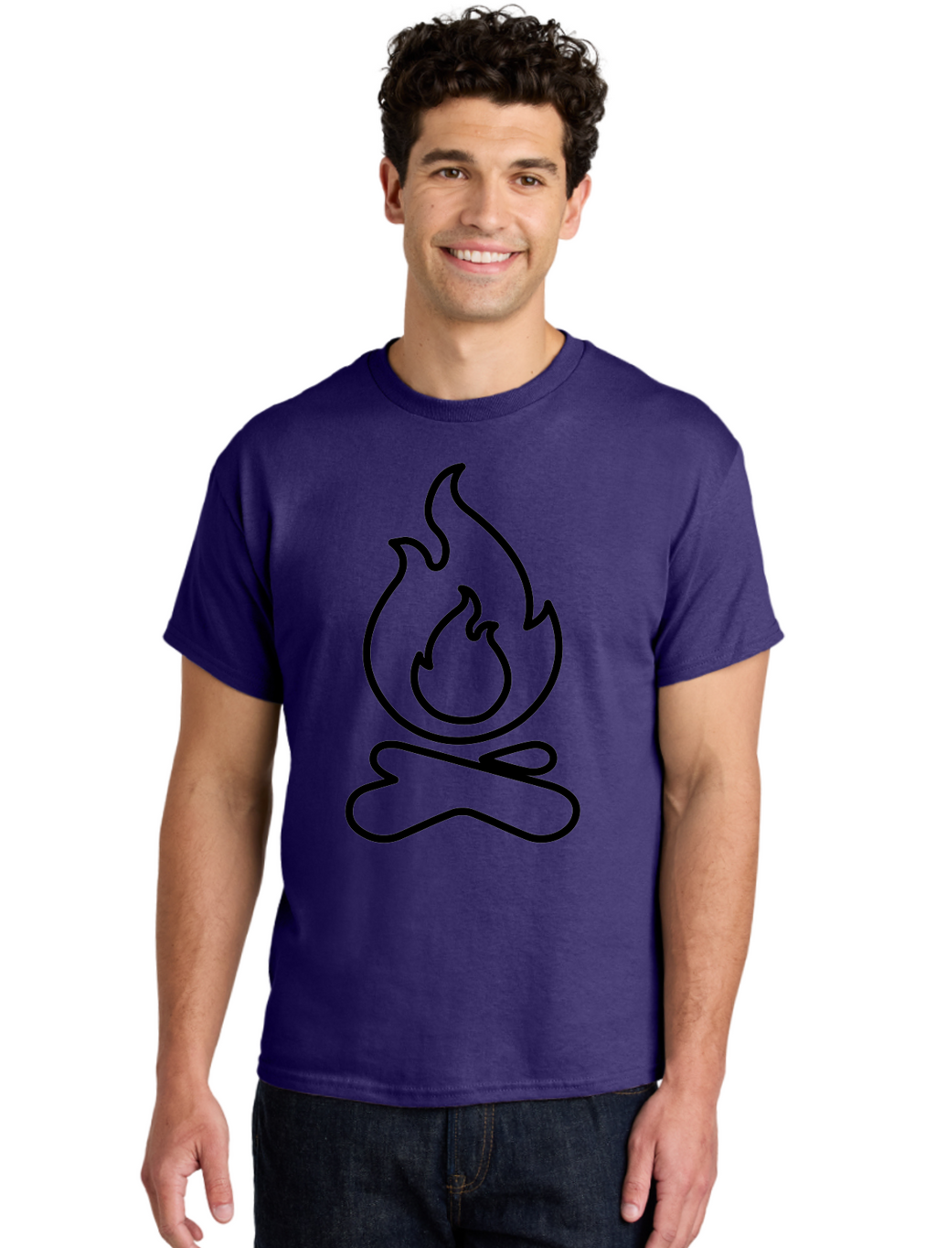 Campfire-2 Men'S Graphic Tee, 100% Cotton, Comfortable Casual Summer Wear, Machine Washable, Simple Line Art, Camp Fire Icon, Minimalist Design, Black Outline, Flame Symbol, Outdoor Adventure, Camping Theme, Warm Ambiance, -  Aaa162