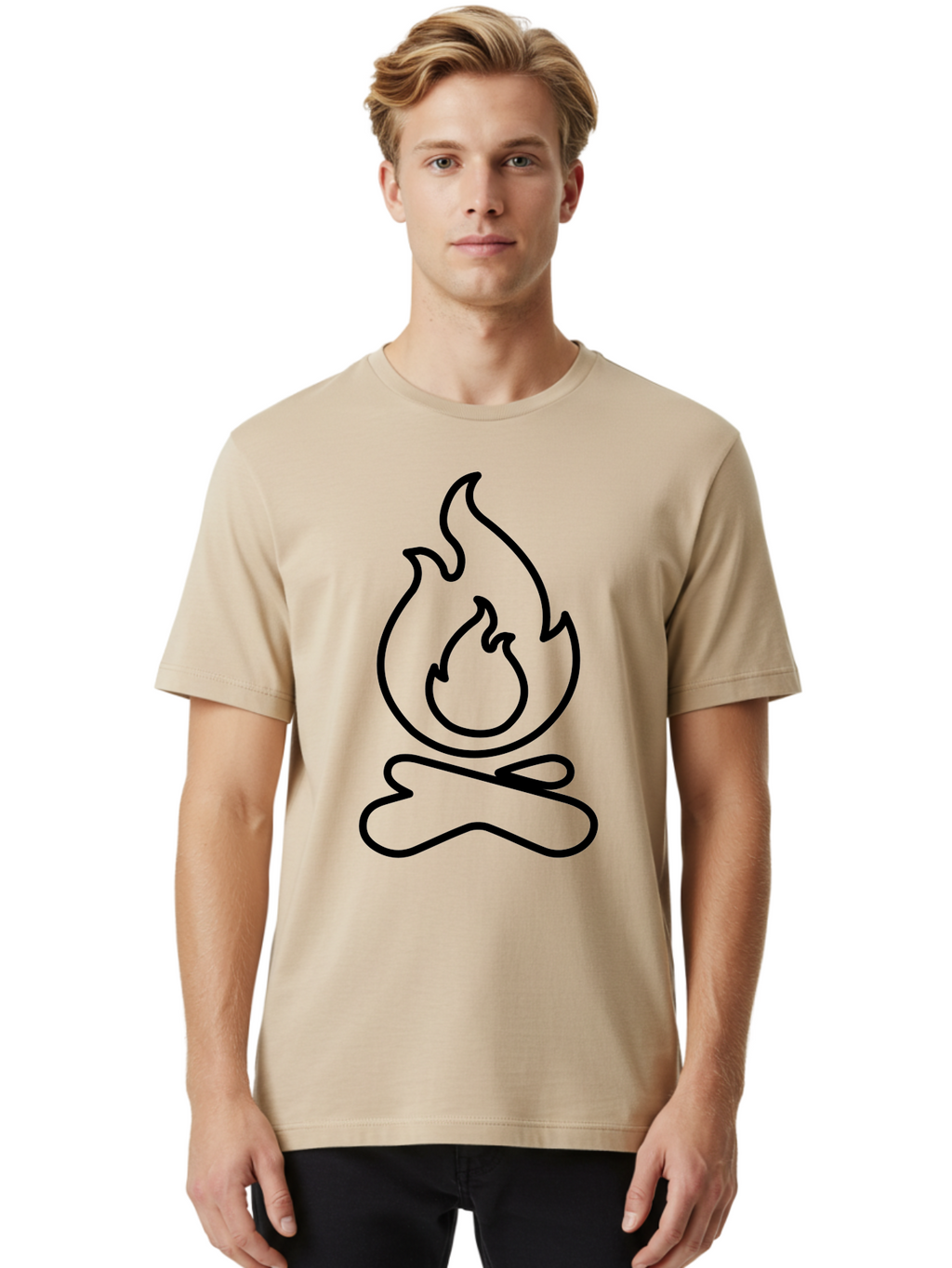 Campfire-2 Men'S Graphic Tee, 100% Cotton, Comfortable Casual Summer Wear, Machine Washable, Simple Line Art, Camp Fire Icon, Minimalist Design, Black Outline, Flame Symbol, Outdoor Adventure, Camping Theme, Warm Ambiance, -  Aaa162