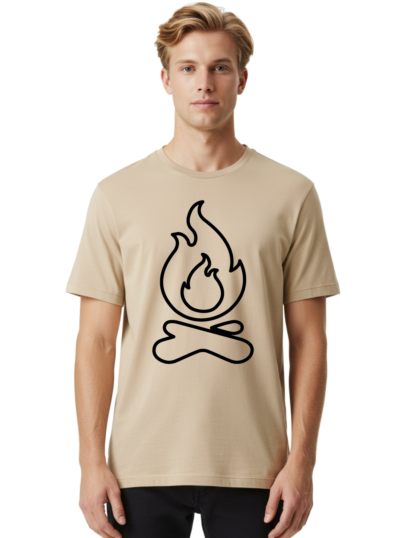 Campfire-2 Men'S Graphic Tee, 100% Cotton, Comfortable Casual Summer Wear, Machine Washable, Simple Line Art, Camp Fire Icon, Minimalist Design, Black Outline, Flame Symbol, Outdoor Adventure, Camping Theme, Warm Ambiance, -  Aaa162