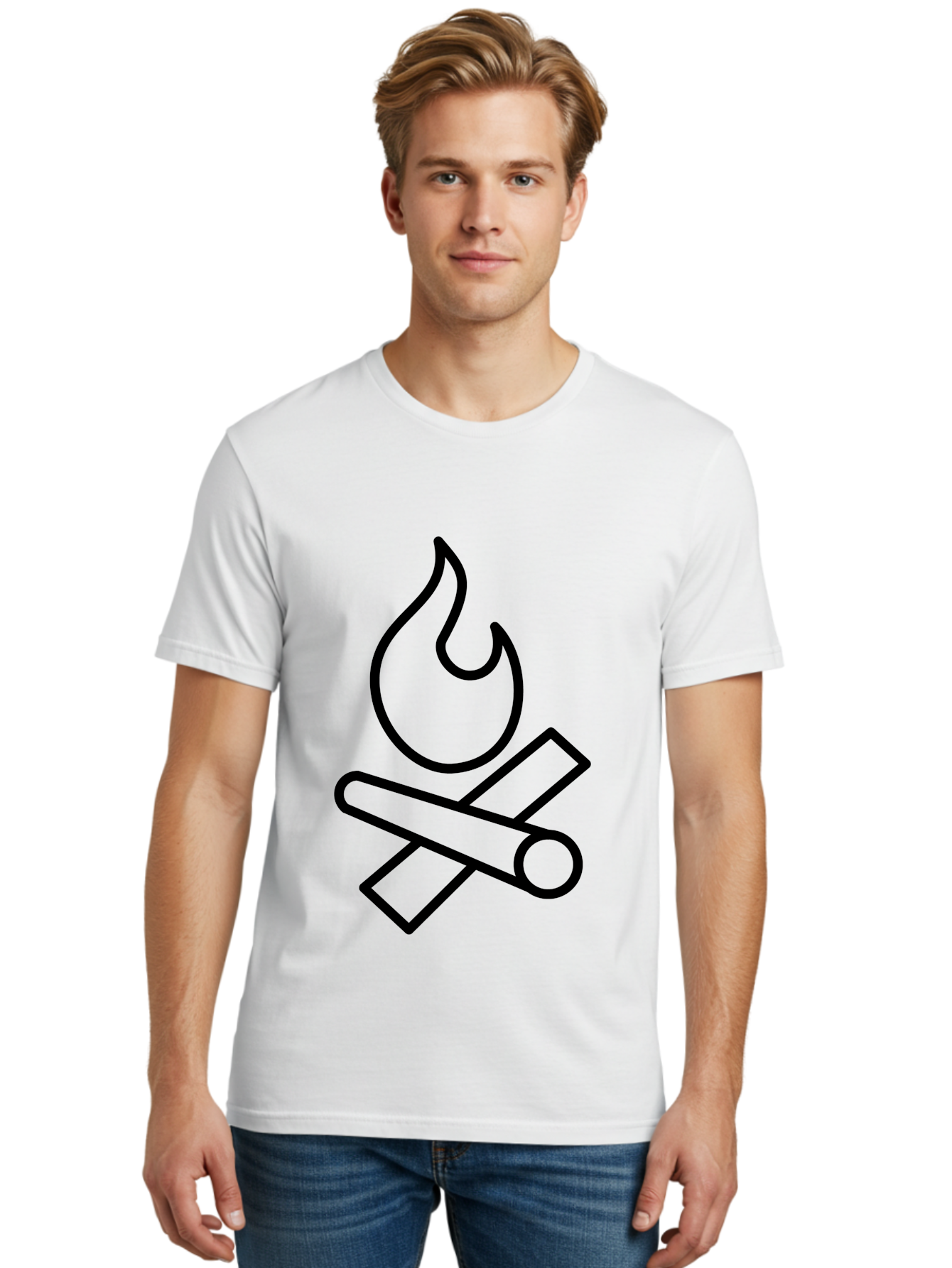 Campfire-3 Men'S Graphic Tee, 100% Cotton, Comfortable Casual Summer Wear, Machine Washable, Camping Symbol, Campfire Icon, Fire Pit, Outdoor Adventure, Wilderness Survival, Crossing Logs, Flame Graphic, Simple Illustration -  Aaa163
