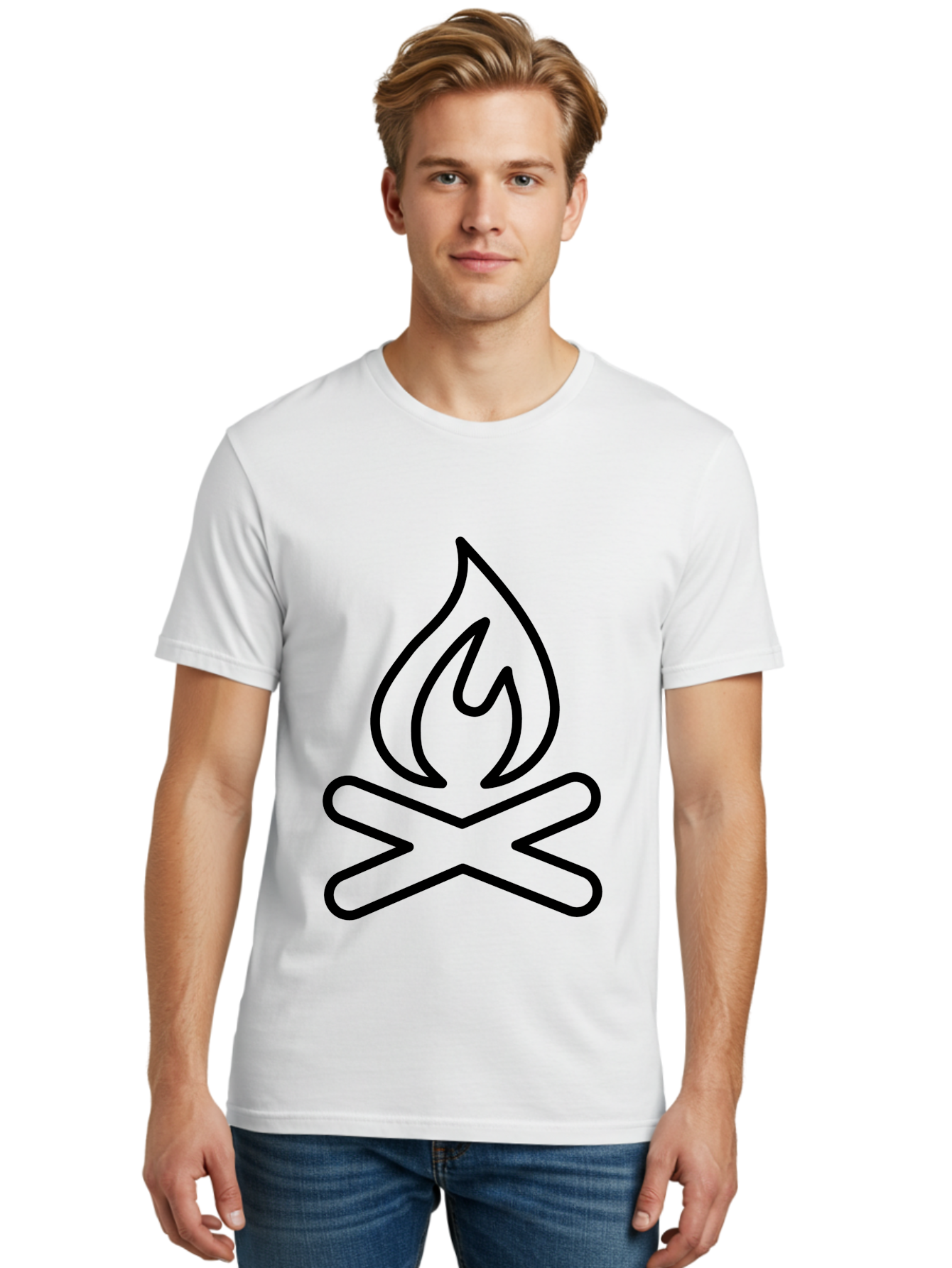 Campfire Men'S Graphic Tee, 100% Cotton, Comfortable Casual Summer Wear, Machine Washable, Campfire Icon, Campfire, Black Outline, Flames, Campfire Graphics, Simple Illustration, Minimalist Design, Outdoor Symbol, Camping Emblem, Fire Pit -  Aaa165