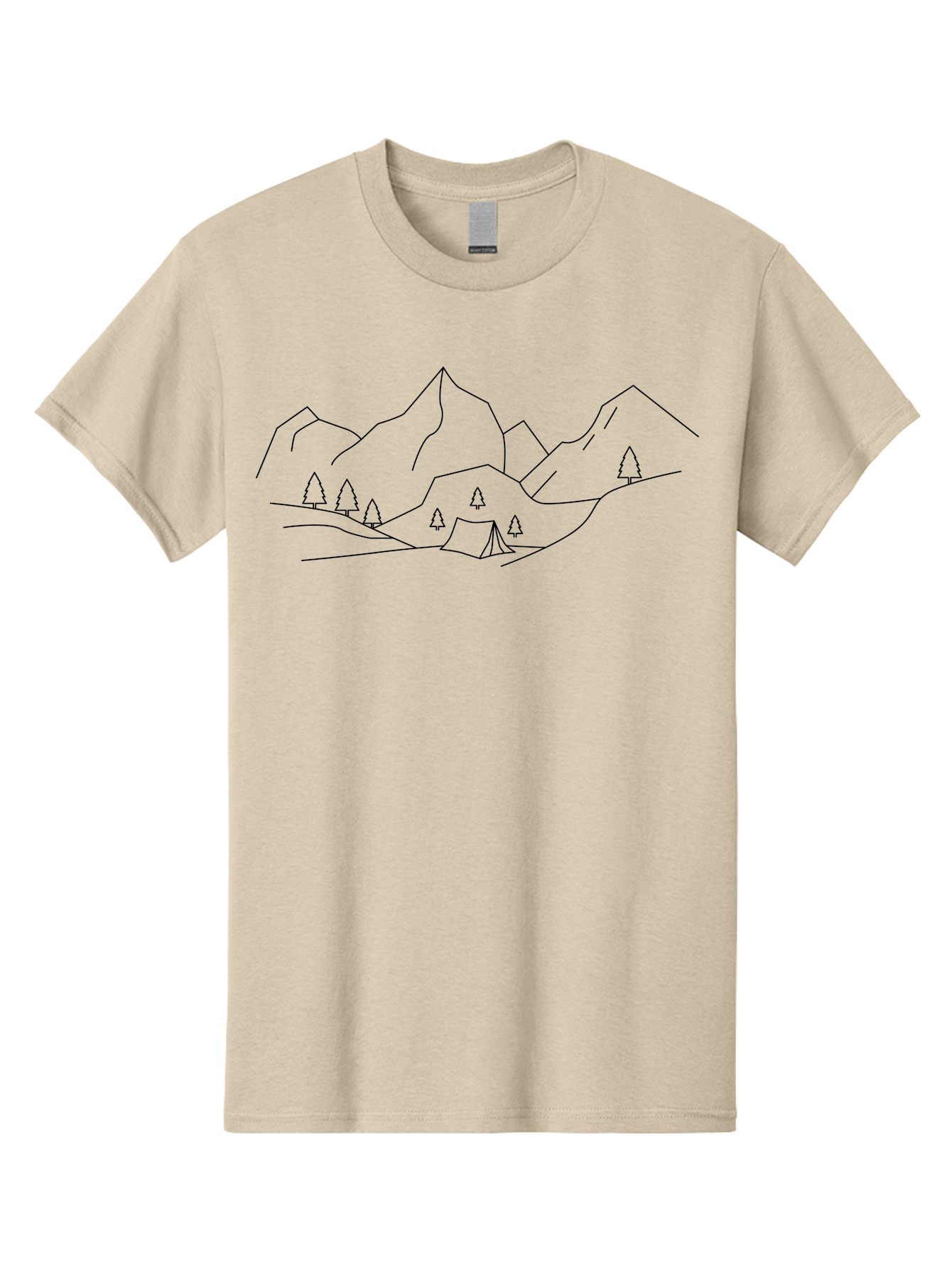 Camping-In-Mountains Men'S Graphic Tee, 100% Cotton, Comfortable Casual Summer Wear, Machine Washable, Mountain Range, Camping Site, Wilderness Adventure, Outdoor Recreation, Scenic Landscape, Minimalist Design, Simple Illustration, -  Aaa167