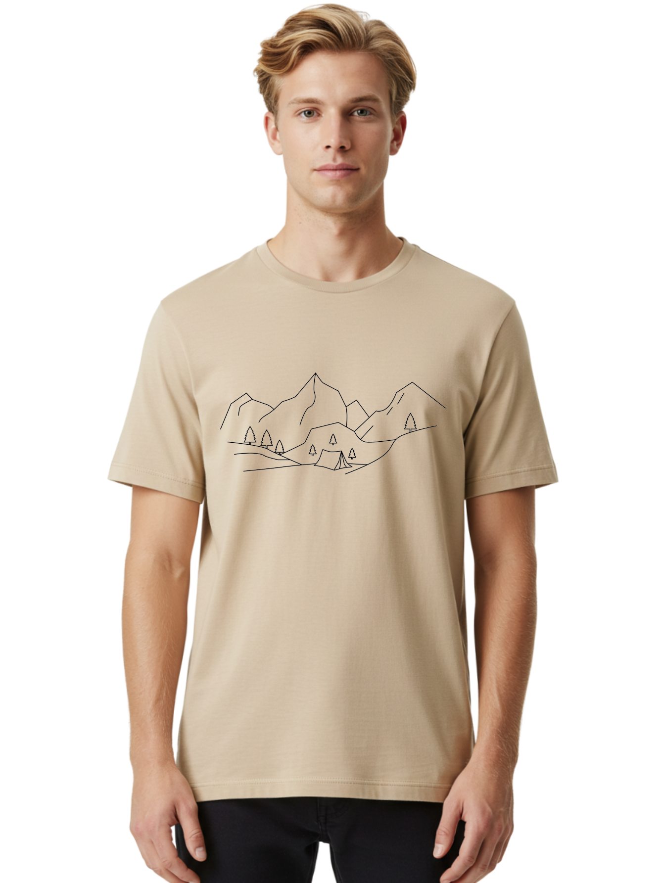 Camping-In-Mountains Men'S Graphic Tee, 100% Cotton, Comfortable Casual Summer Wear, Machine Washable, Mountain Range, Camping Site, Wilderness Adventure, Outdoor Recreation, Scenic Landscape, Minimalist Design, Simple Illustration, -  Aaa167