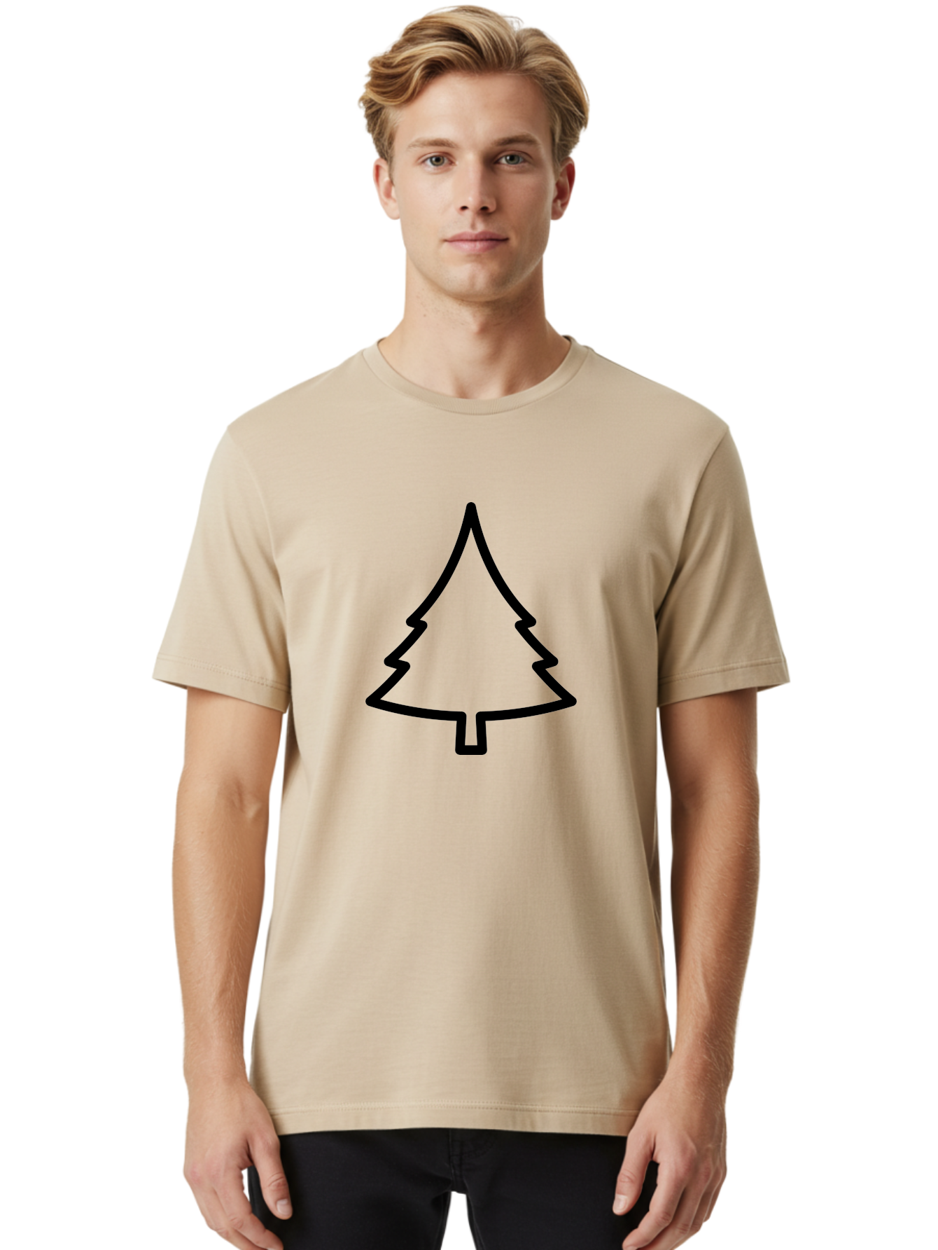 Christmas-Tree-2 Men'S Graphic Tee, 100% Cotton, Comfortable Casual Summer Wear, Machine Washable, Simple Christmas Tree, Minimalist Design, Festive Symbol, Holiday Icon, Black Outline, Evergreen Tree Shape -  Aaa171