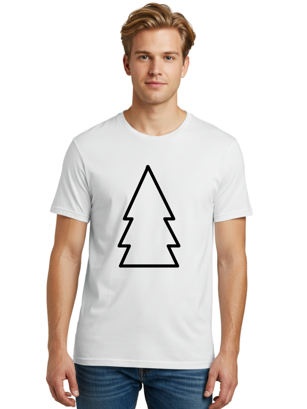 Christmas-Tree Men'S Graphic Tee, 100% Cotton, Comfortable Casual Summer Wear, Machine Washable, Christmas Tree Icon, Simple Design, Black Outline, Festive Symbol, Holiday Decoration, Minimalist Graphic, Seasonal Illustration -  Aaa176
